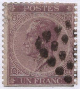 1867 Belgium 1fr violet flaws Scott 22 CV $97