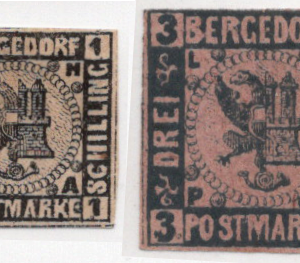 1861-67 Bergedorf 1s blk, white & 3s blue, pink Scott  2 & 4 CV $70
