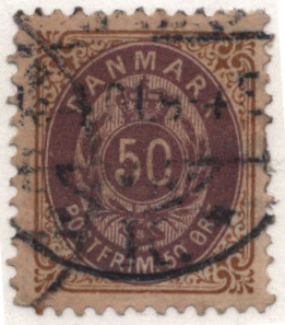1875-79 Denmark 50o Brown & Violet 14 x 13-1/2 perf Scott 33 CV $38
