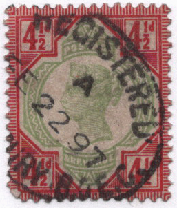 1887-92 Great Britain 4-1/2p car rose & grn Scott 117 CV $53