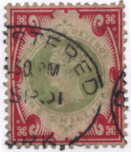 1900 Great Britain 1 shilling car rose & grn Scott 126 CV $165