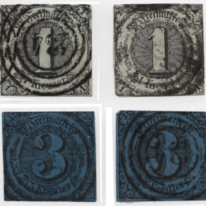1852-53 Thurn & Taxis 1kr blk, lt grn & 3kr blk, dk bl 2 for 1 Scott 42 & 43 CV $130