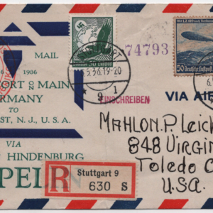 5/6/36 Hindenburg Zeppelin Cover Registered Mail Stuttgart to Toledo Ohio via Lakehurst NJ